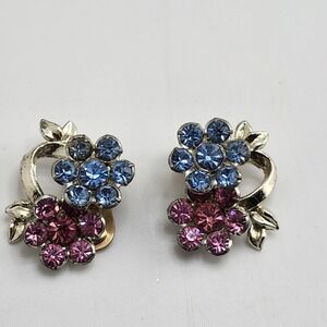 Vintage Pink And Blue Rhinestone Flower Clip-on Earrings‎